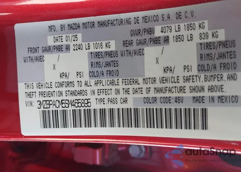 2025 Mazda Mazda3 2.5 S Preferred from USA, damaged, VIN 3MZBPACM5SM465895